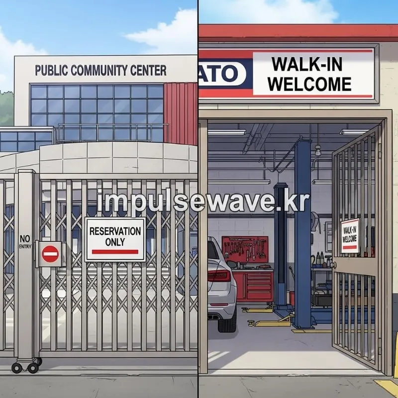 공단 검사소(예약 필수)와 민간 지정 검사소(당일 가능)의 간판을 비교하여 보여주는 이미