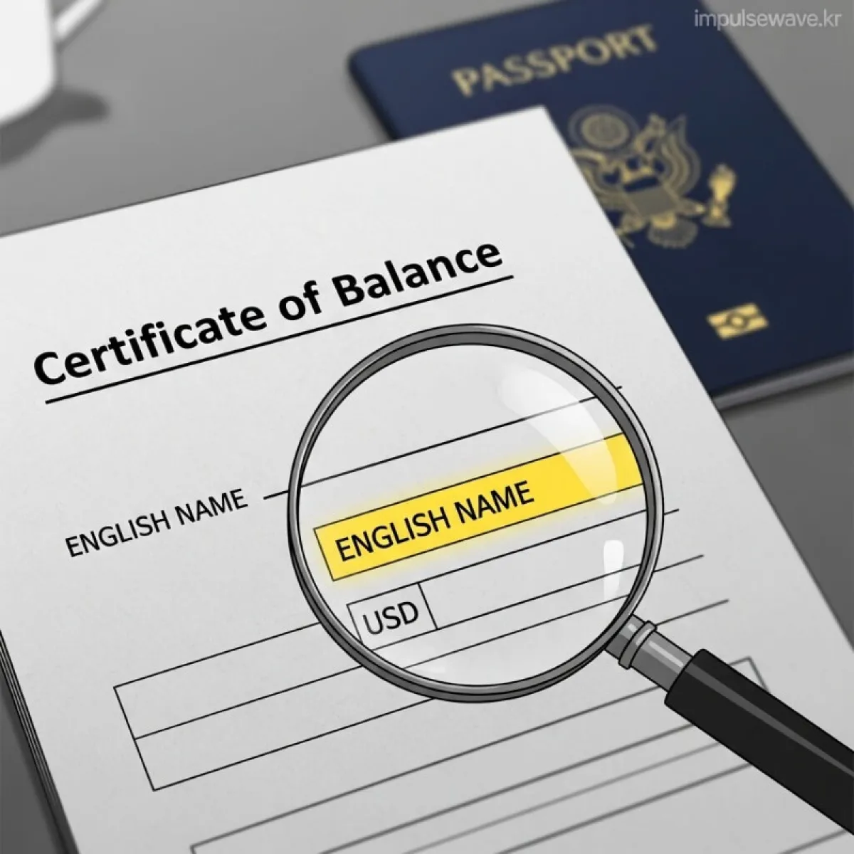 영문 잔액증명서에 여권 이름과 동일한 철자가 적혀 있고 통화 단위가 USD로 표시된 예시 이미지