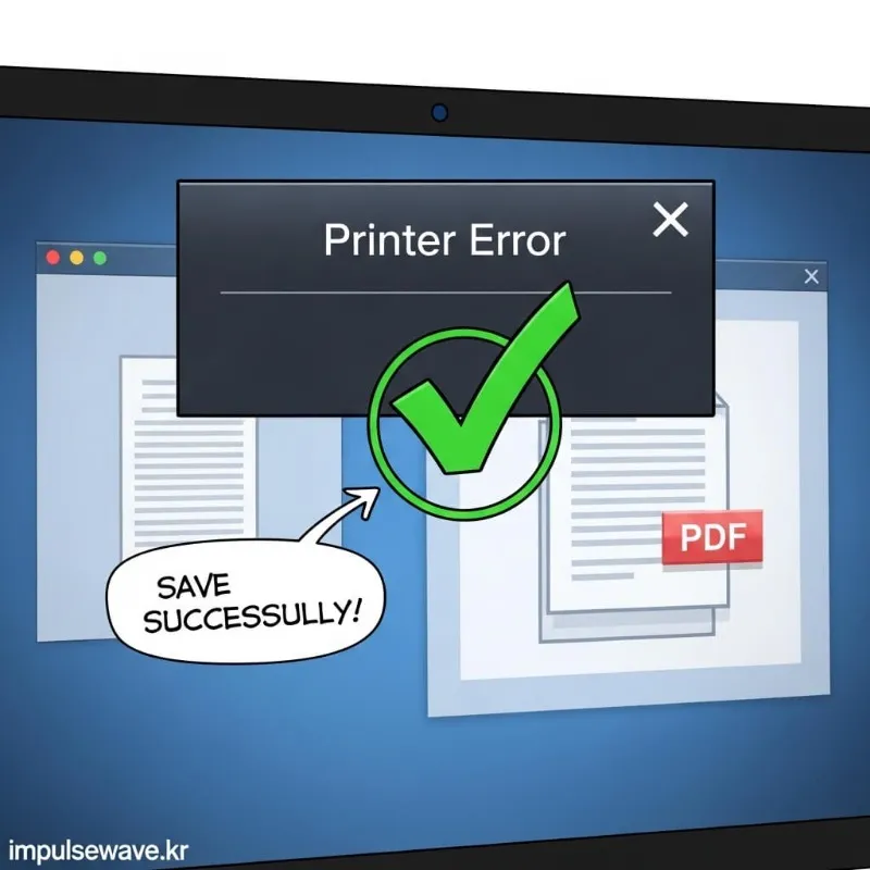 프린터 출력 오류 메시지 창과 팝업 차단 해제 설정 버튼을 클릭하는 마우스 커서