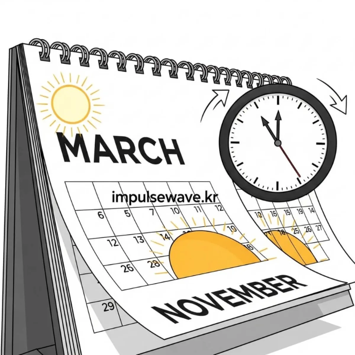 달력의 3월과 11월 날짜에 동그라미가 쳐져 있고, 시계바늘을 1시간 앞당기거나 뒤로 미루는 일러스트