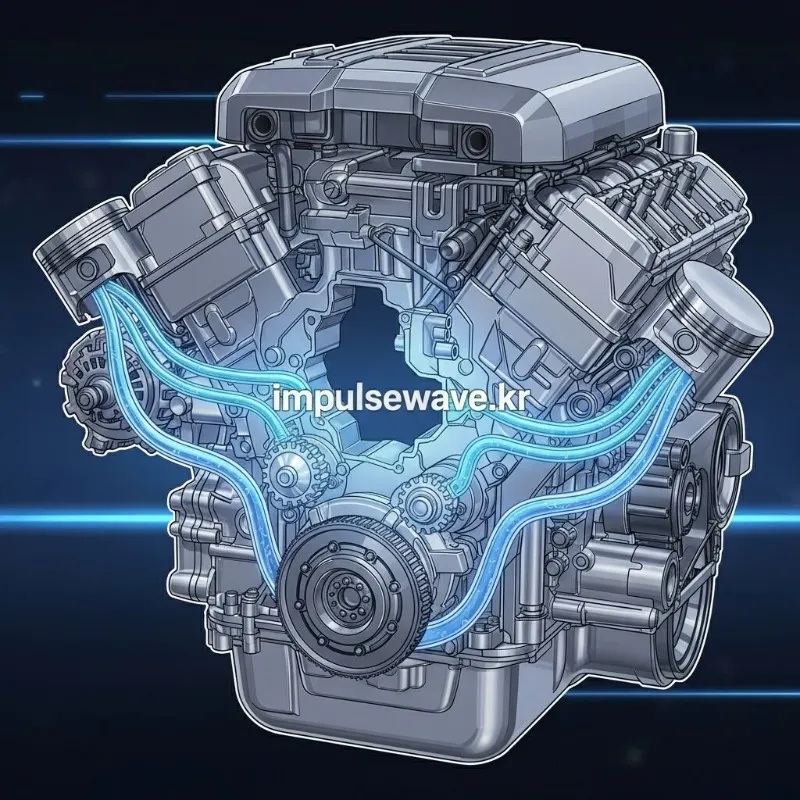 자동차 엔진 내부 구조도에서 냉각수가 워터펌프를 통해 엔진 구석구석을 순환하는 모습을 표현한 그래픽