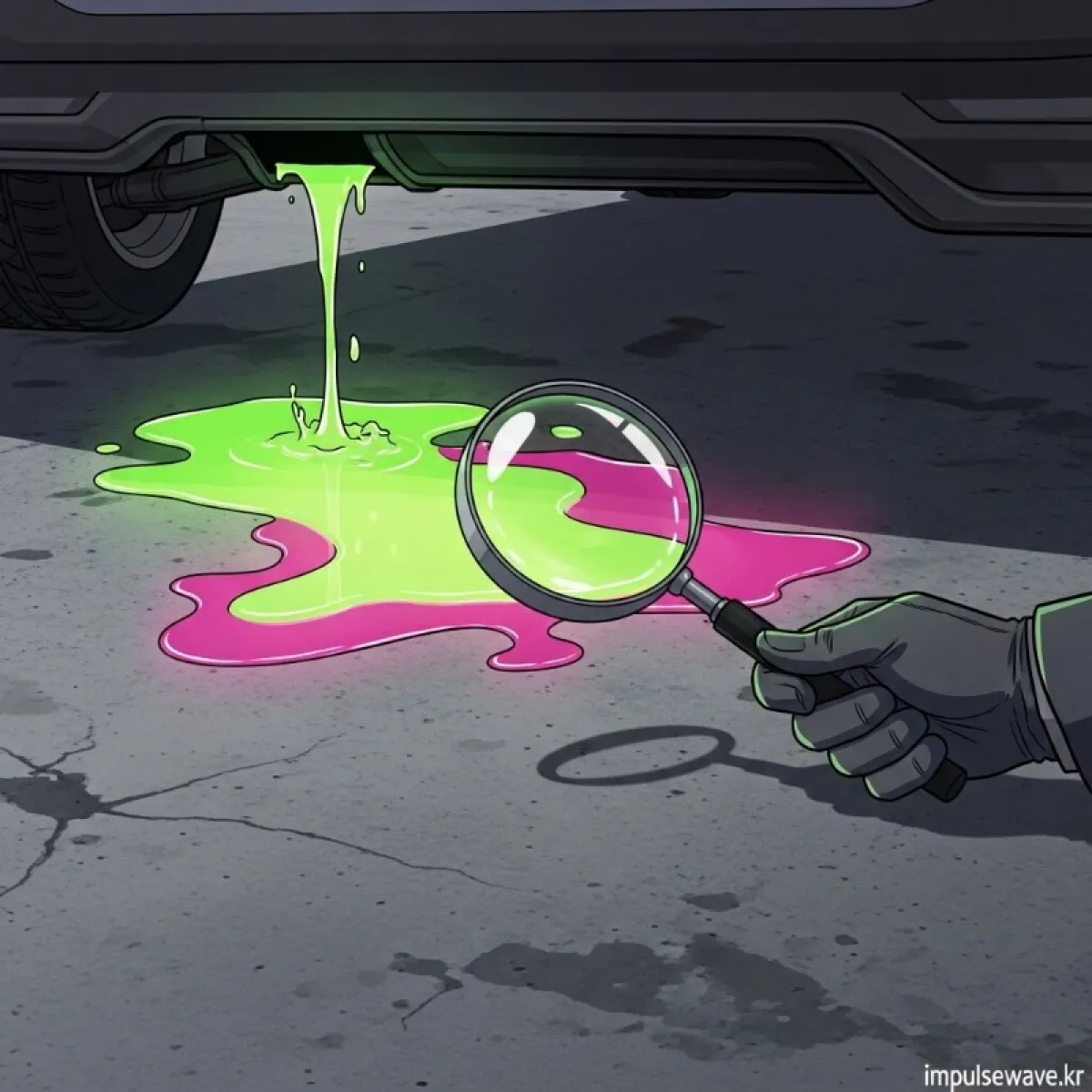 주차장 바닥에 떨어진 초록색과 분홍색 냉각수 웅덩이를 클로즈업한 사진