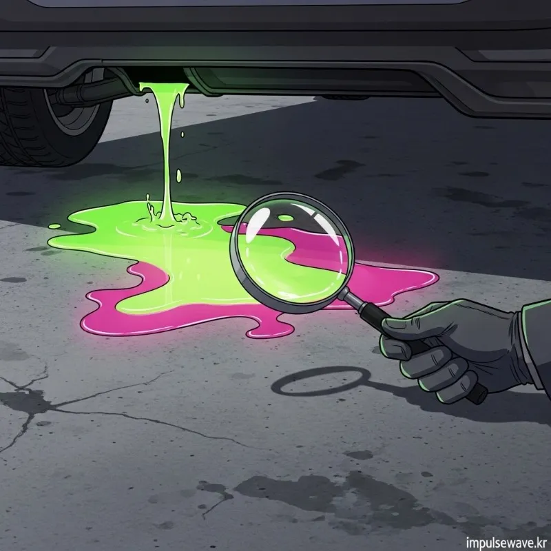 주차장 바닥에 떨어진 초록색과 분홍색 냉각수 웅덩이를 클로즈업한 사진