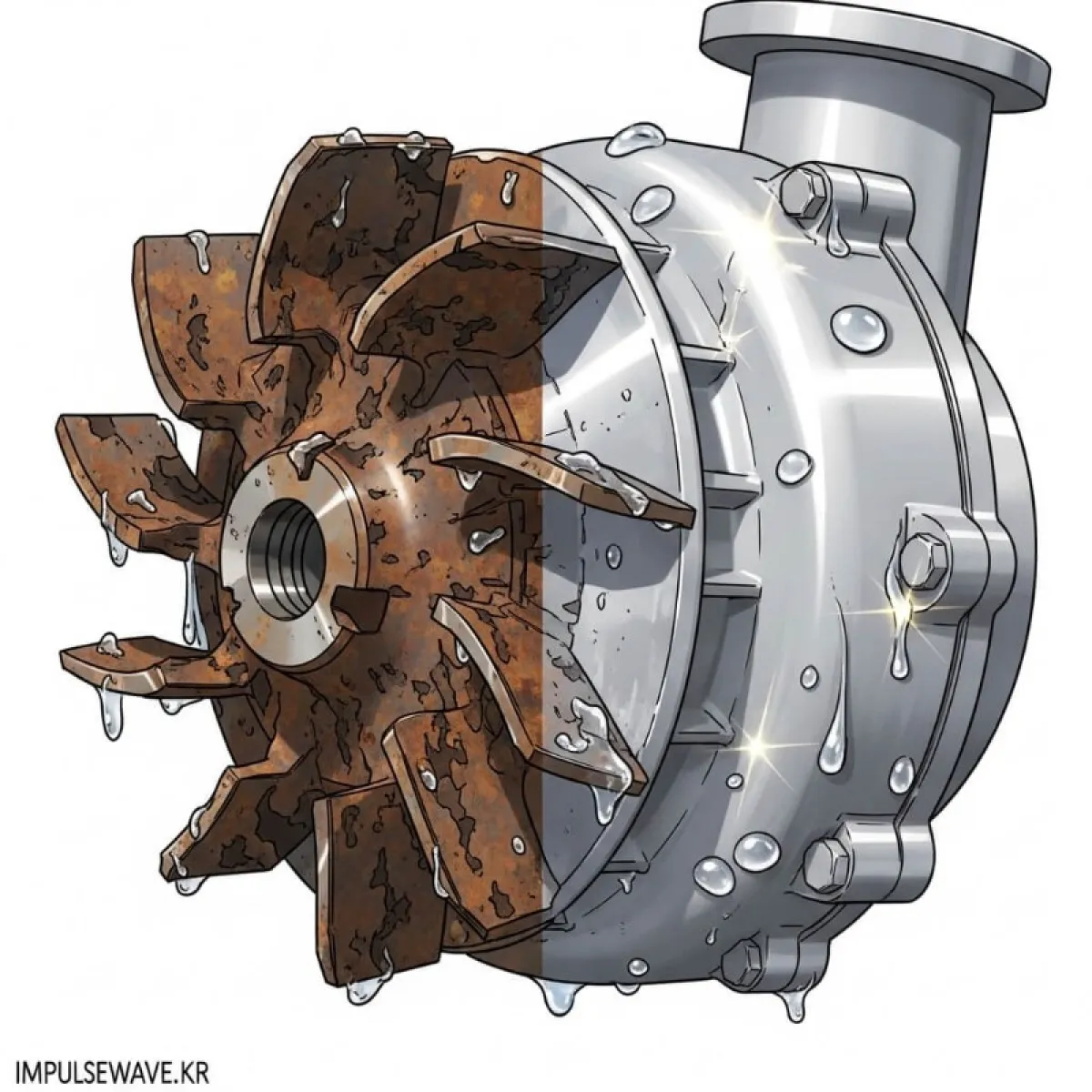 부식되어 녹슬고 날개가 손상된 워터펌프와 깨끗한 새 워터펌프를 나란히 비교한 사진