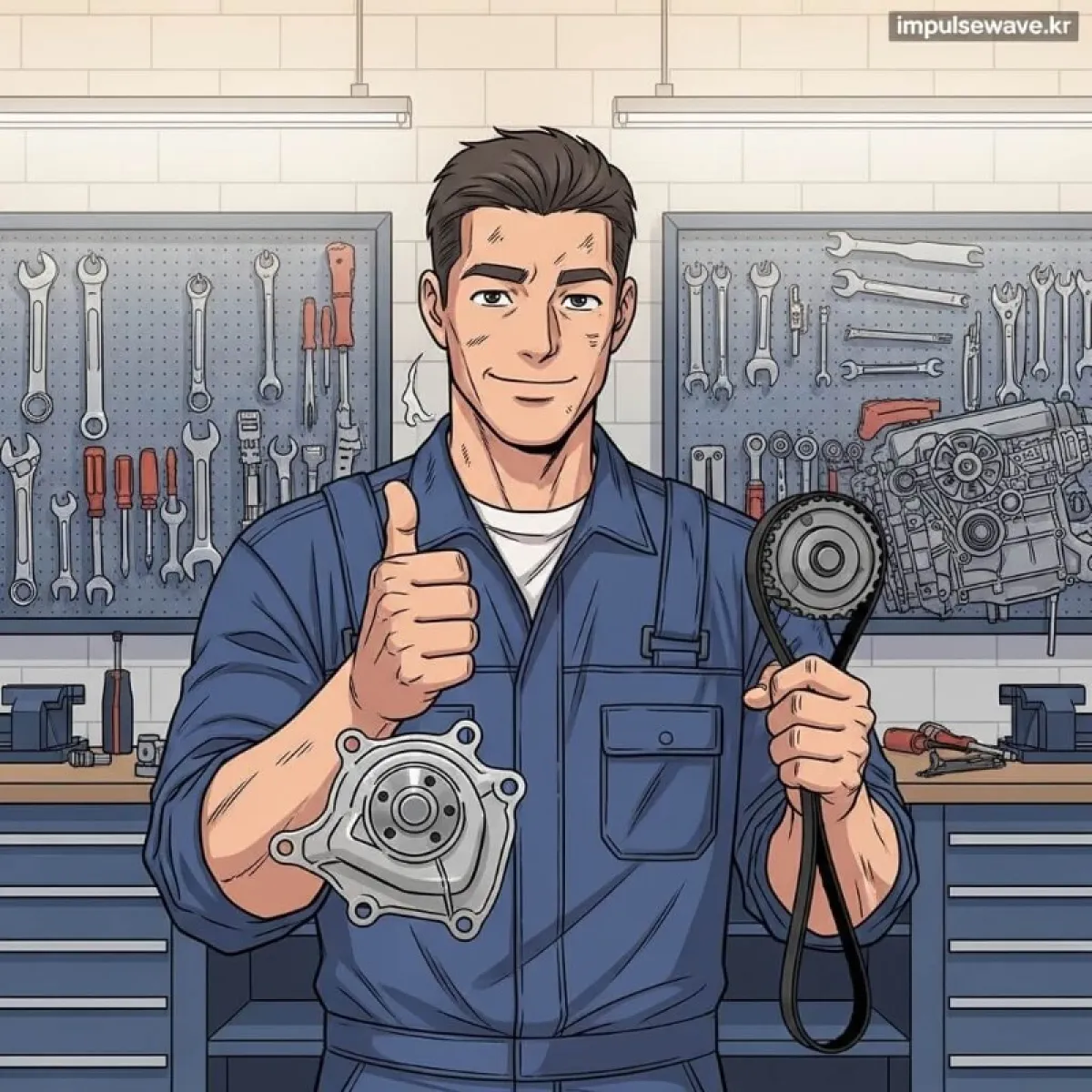 정비사가 타이밍벨트와 워터펌프, 텐셔너 등 세트 부품을 교체하고 있는 정비소 현장 이미지