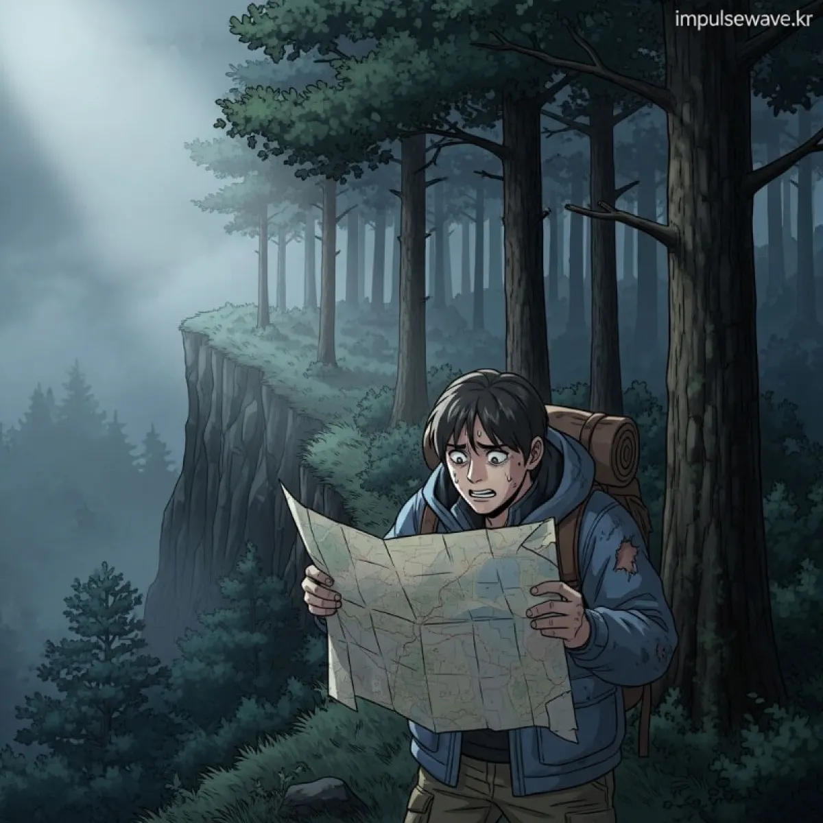 어두운 산속에서 지도를 들고 길을 잃어 헤매는 사람과 절벽에서 돌이 떨어지는 위험한 장면