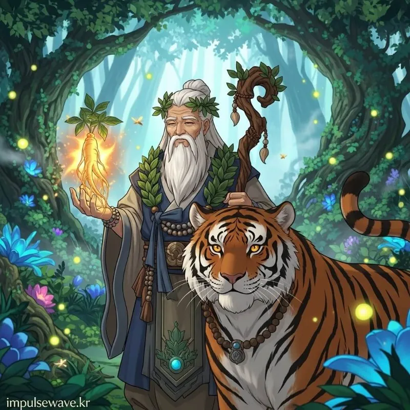 하얀 수염을 기른 산신령이 호랑이를 데리고 나타나 금덩이를 건네주는 신비로운 그림