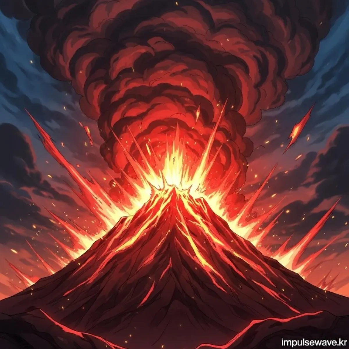 울창한 숲과 산 전체가 붉은 화염에 휩싸여 활활 타오르는 강렬한 이미지