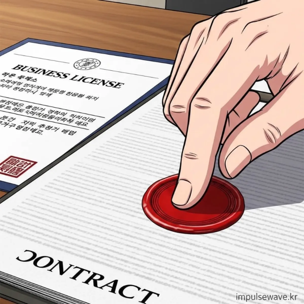 표준근로계약서 문서 위에 도장이 찍혀 있고, 사업자등록증이 옆에 놓인 이미지
