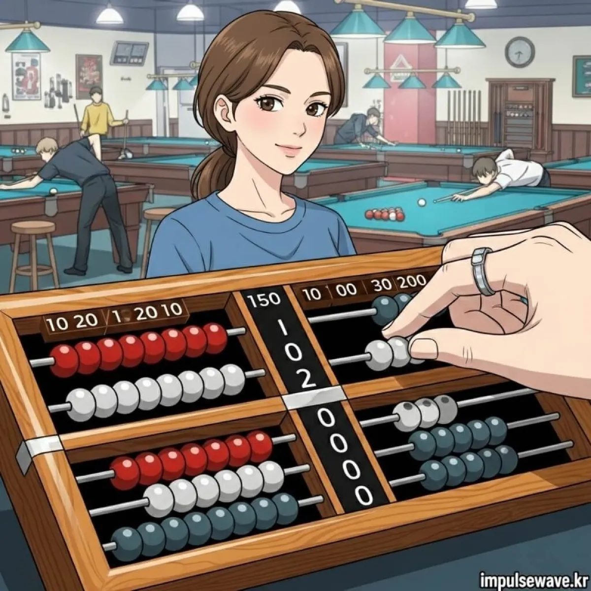 당구장 점수판(주판알) 이미지, 점수가 줄어들고 마지막 쿠션 점수만 남은 상황을 강조