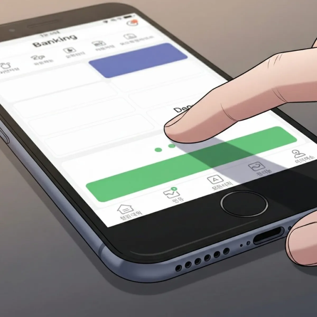 스마트폰 화면에서 신한 SOL과 농협 스마트뱅킹 앱의 공과금/채권 메뉴를 터치하는 손가락