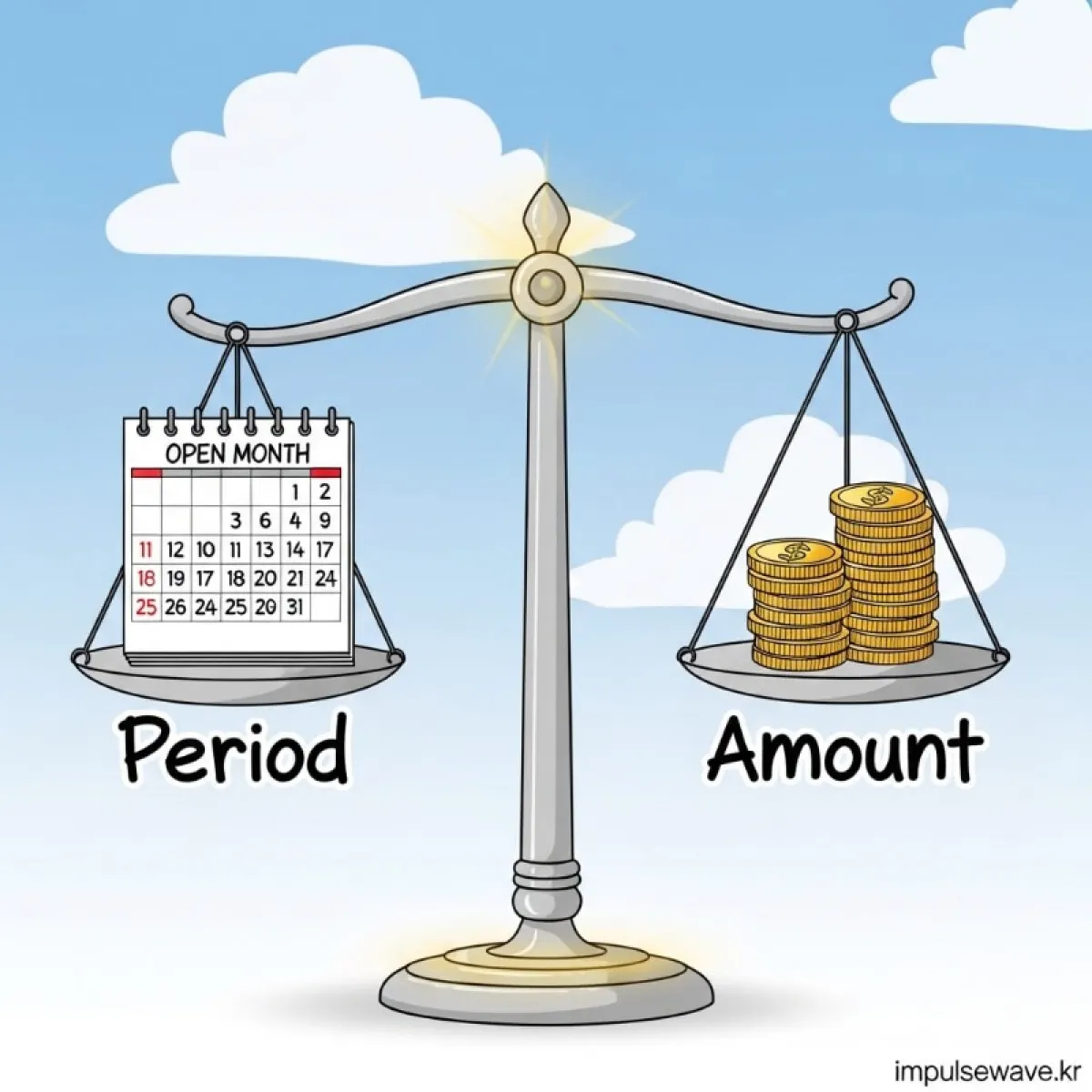 달력(기간 지정) 아이콘과 돈다발(금액 지정) 아이콘을 저울에 올려 비교하는 인포그래픽