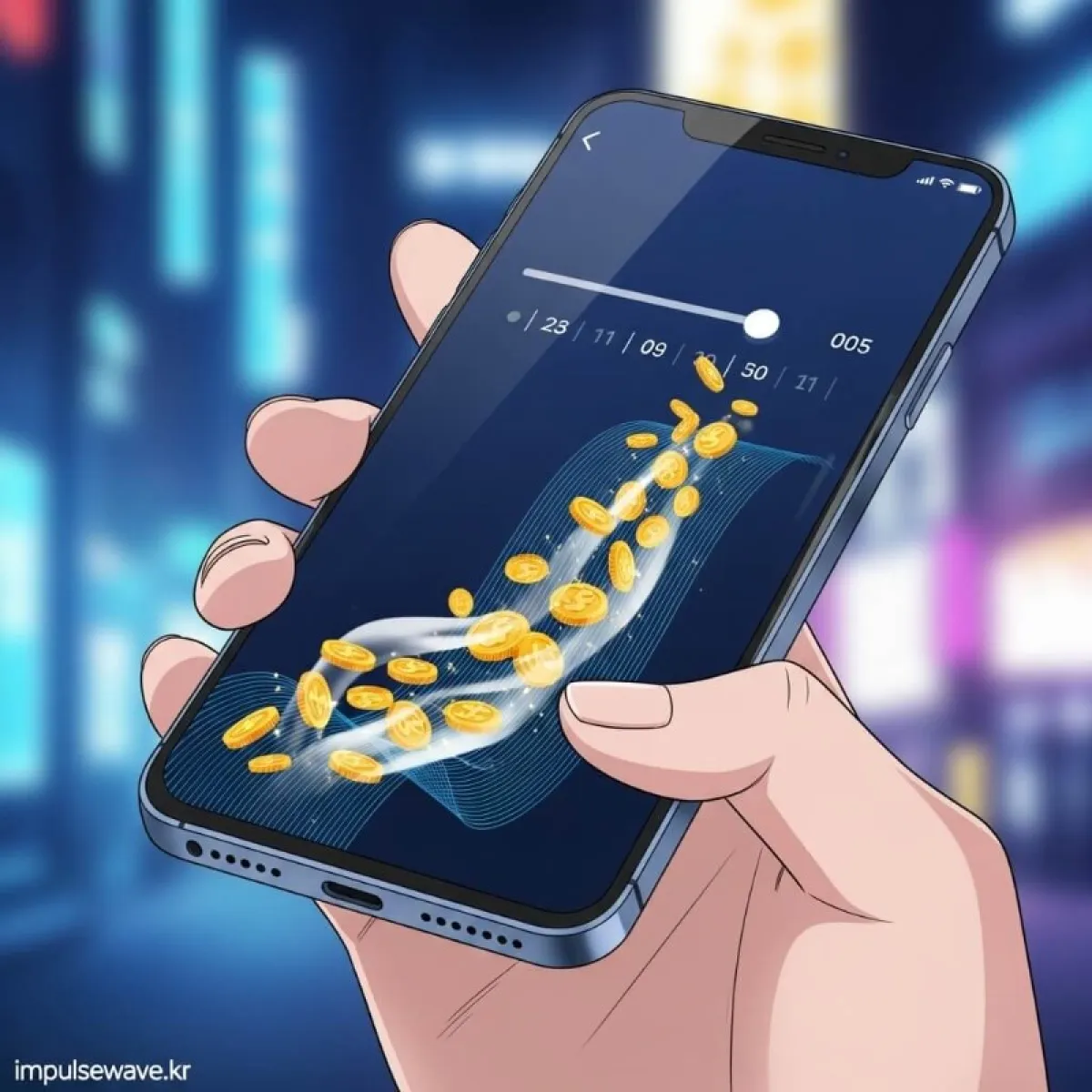 스마트폰 뱅킹 앱에서 슬라이더를 움직여 연금 수령 금액과 기간을 조절하는 손가락