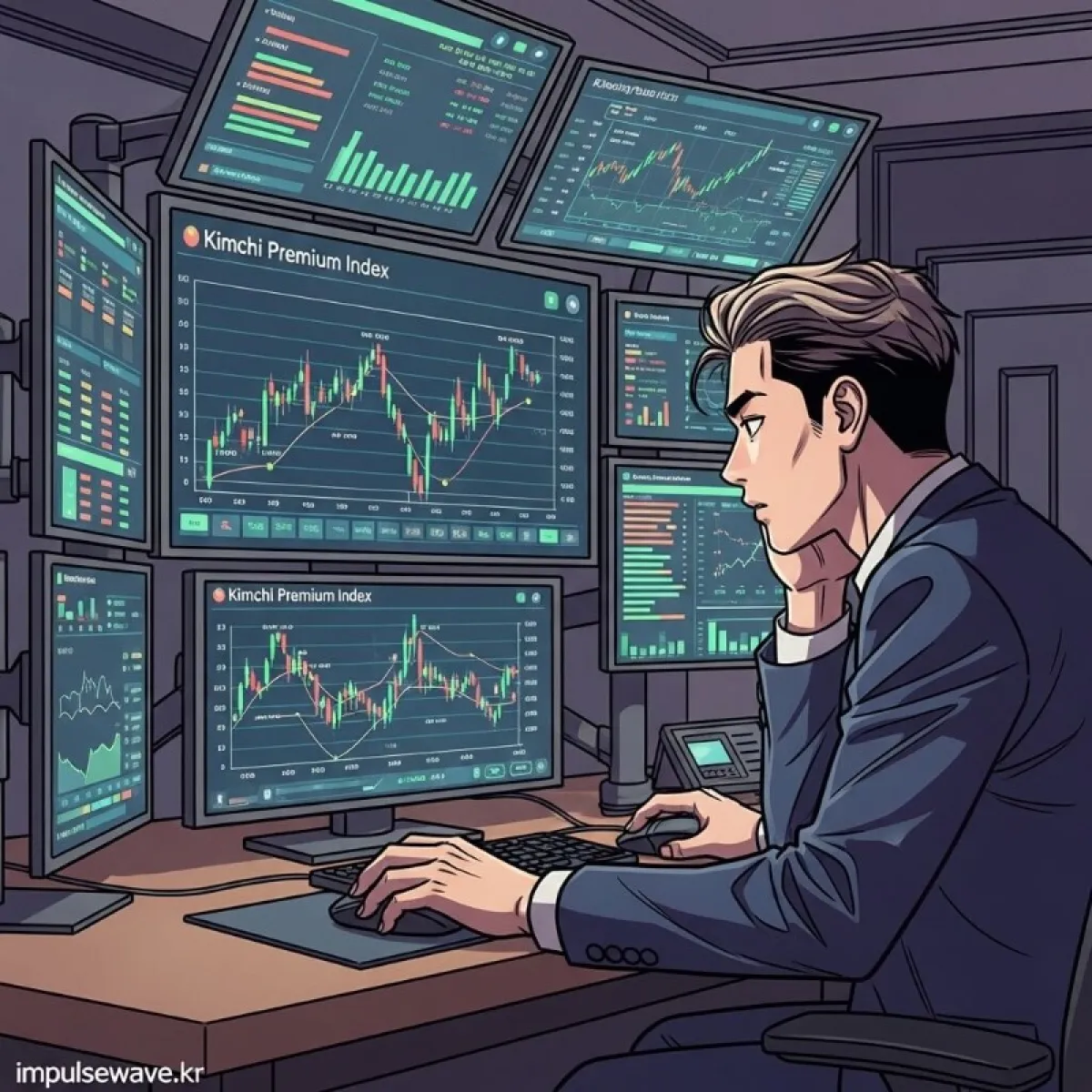 투자자가 여러 개의 모니터를 통해 김치 프리미엄 지수와 차트를 분석하며 매수 버튼을 누르려는 신중한 모습