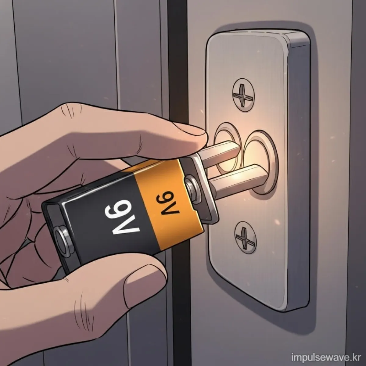 9V 사각 건전지를 도어락 비상 전원 단자(돼지코 모양)에 접촉하는 손 클로즈업