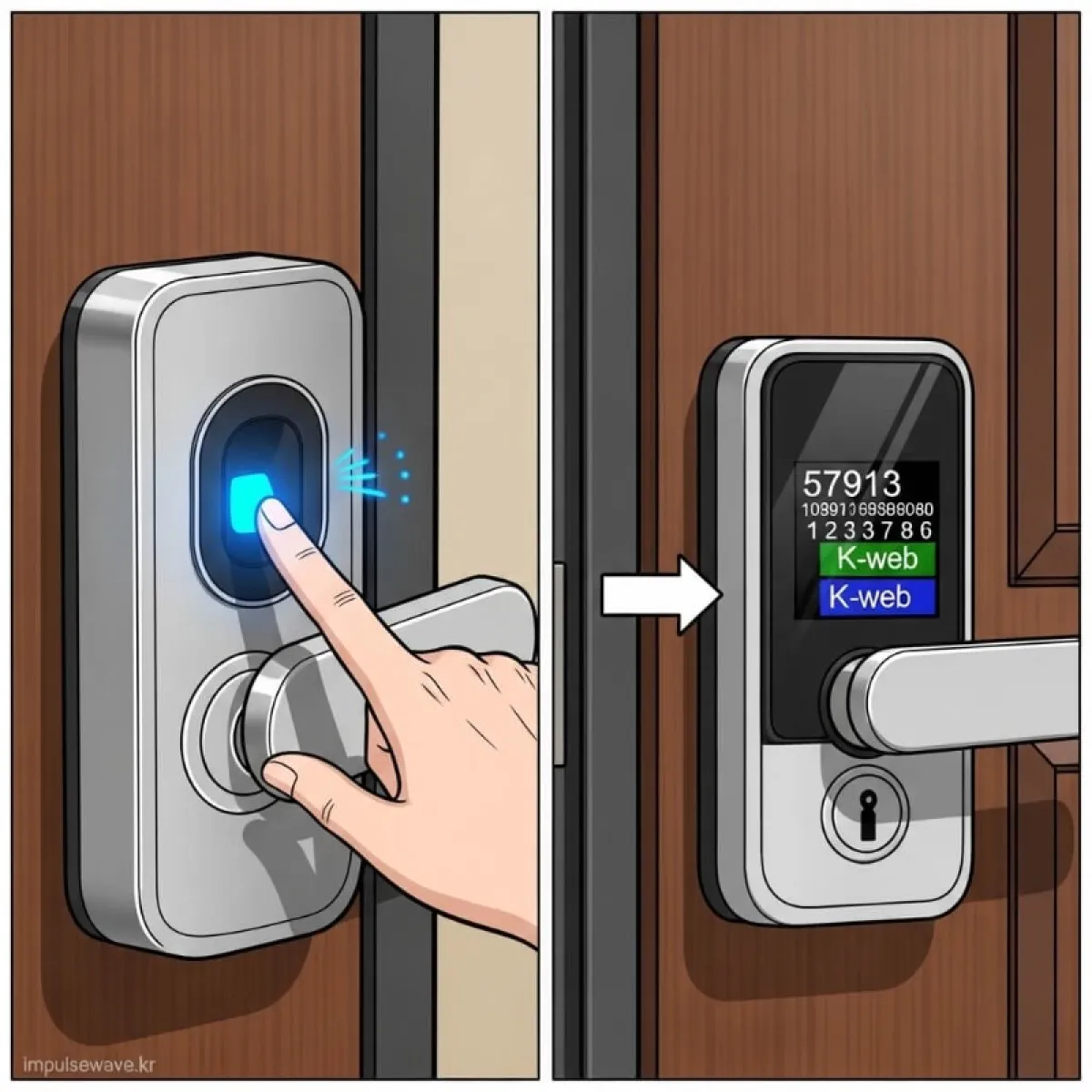 삼성 도어락의 웰컴 기능과 게이트맨 도어락의 손바닥 터치 방식을 비교한 인포그래픽