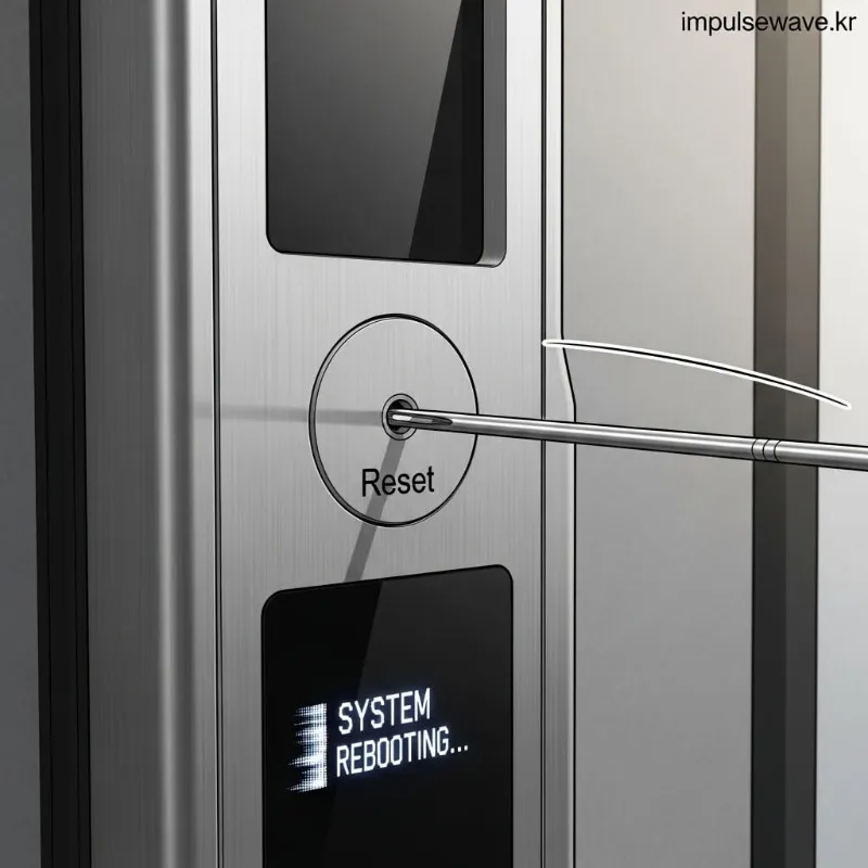 도어락 전면부의 작은 구멍(리셋 버튼)을 뾰족한 도구로 누르는 장면