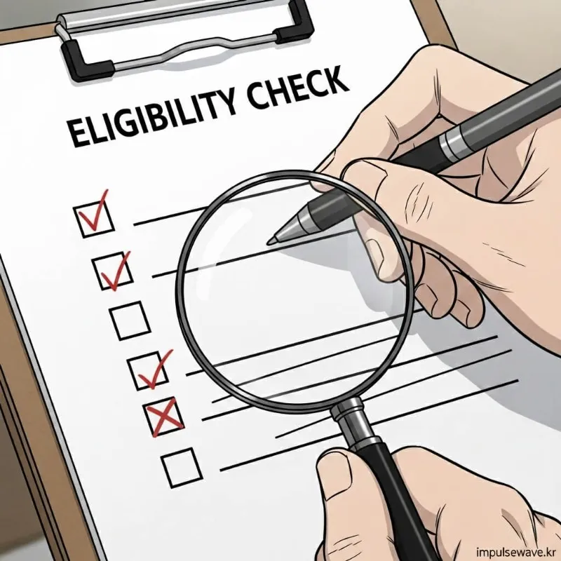 사업자등록증 유무와 폐업 이력을 체크하는 체크리스트와 심사관이 서류를 검토하는 이미지