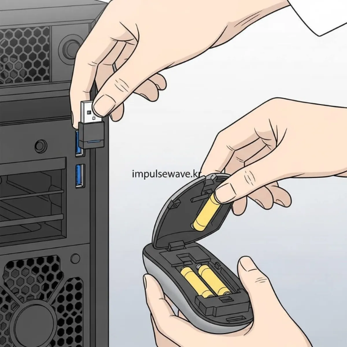 무선 마우스의 배터리를 교체하고 USB 수신기를 본체 뒷면에 꽂는 모습을 보여주는 가이드 이미지