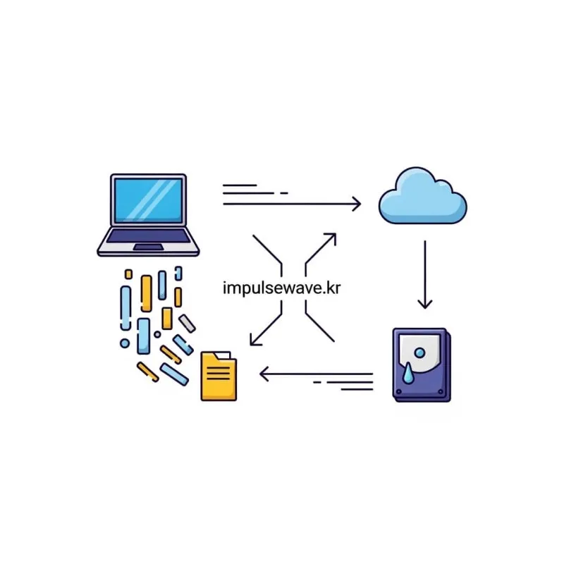 노트북의 데이터를 외장 하드디스크와 클라우드 서버로 옮기는 데이터 백업 과정 그래픽