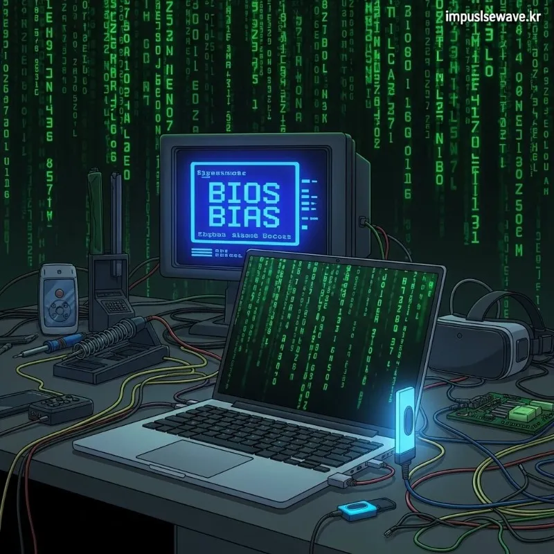 검은색 바이오스(BIOS) 화면에서 부팅 순서를 USB로 변경하는 장면과 윈도우 설치 로고