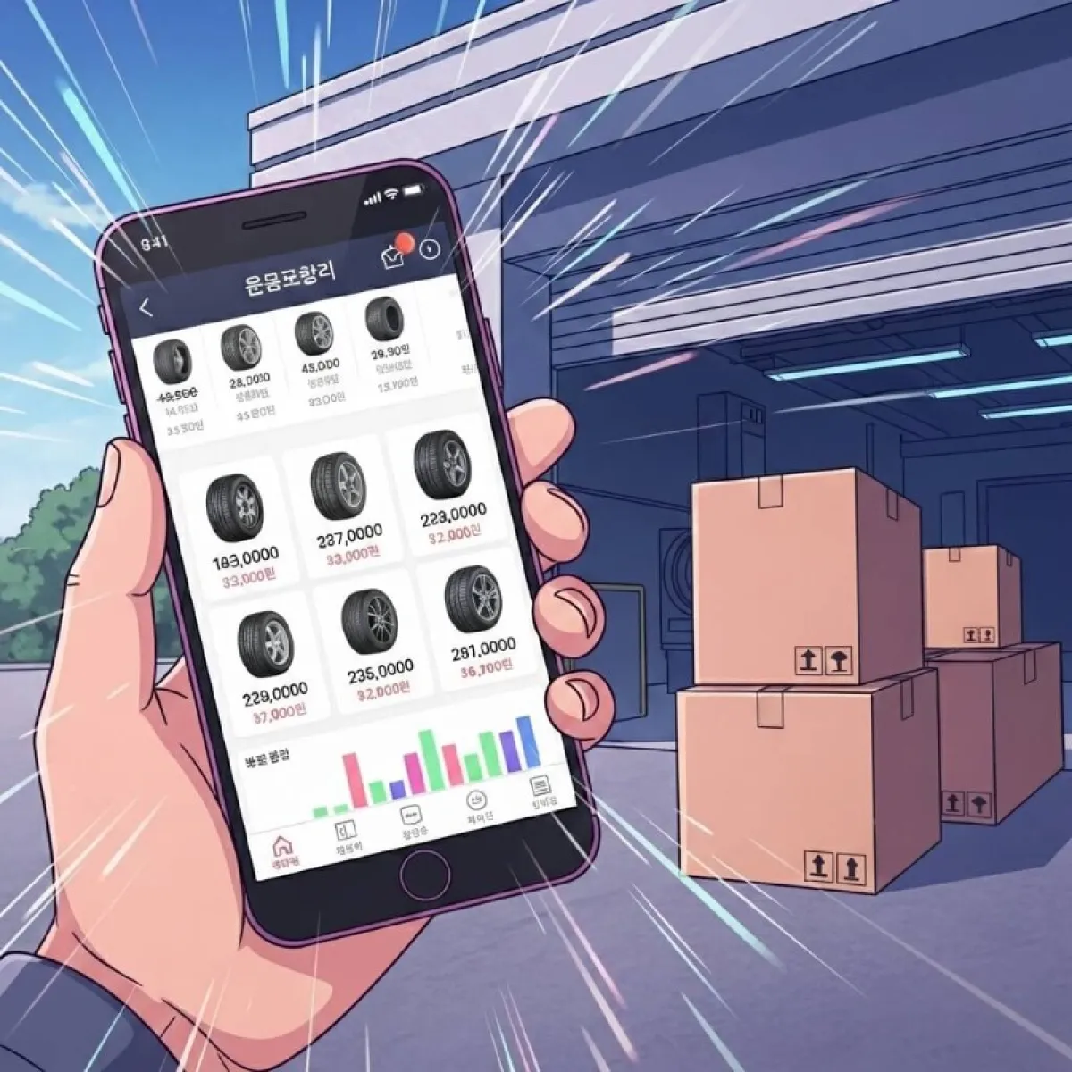 온라인 쇼핑몰의 타이어 가격과 오프라인 정비소의 가격표를 비교하며 저울질하는 스마트한 소비자