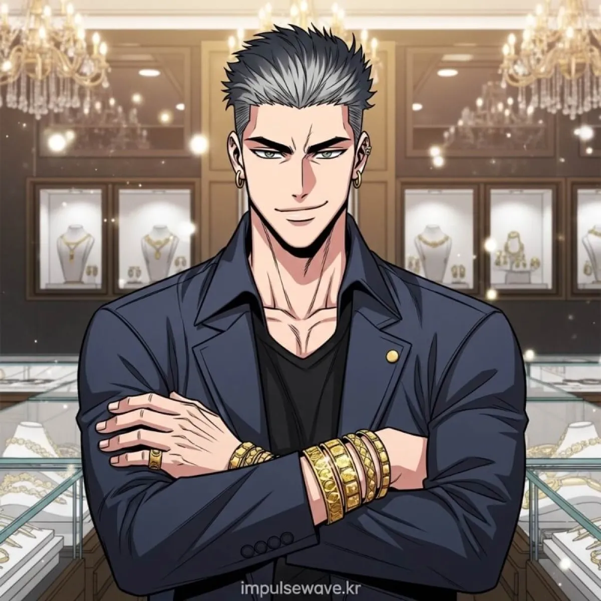 웃는 얼굴의 누군가가 예쁜 상자에 담긴 금팔찌를 건네주는 장면, 배경에 아기 천사가 날아다님