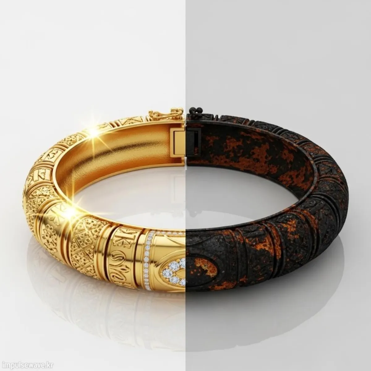 짝이던 금팔찌가 시간이 지나자 색이 검게 변하거나 도금이 벗겨지는 모습