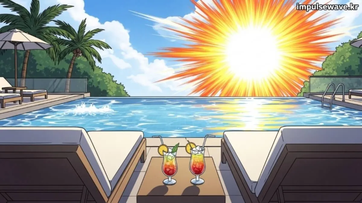 폭염이 내리쬐는 밖을 피해 야자수 나무 그늘이 쳐진 고급 리조트 인피니티 풀에서 시원한 주스를 마시며 호캉스를 즐기는 피서객들