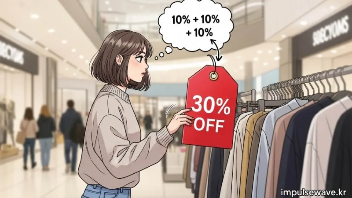 마트에서 30% 할인이 적힌 태그를 보고 머릿속 상상 풍선으로 10%씩 금액을 쪼개어 암산하는 영리한 소비자의 모습