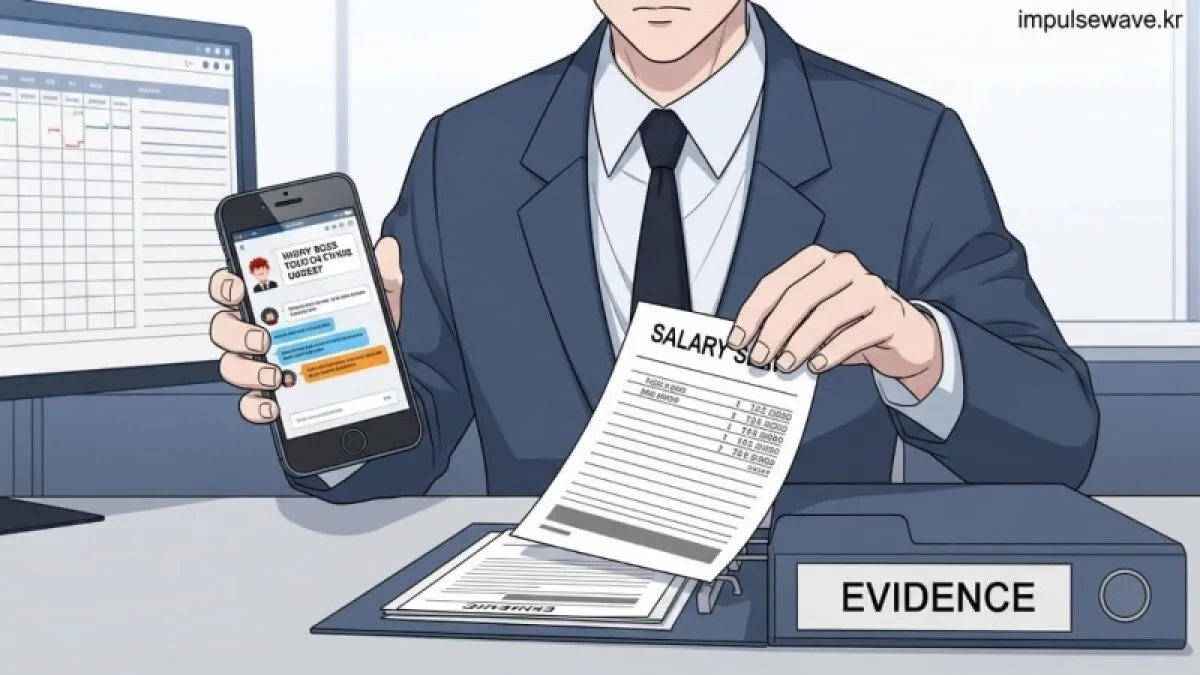 사장님과의 카카오톡 대화 내용과 급여 명세서를 증거 파일로 스크랩하며 철저히 준비하는 근로자