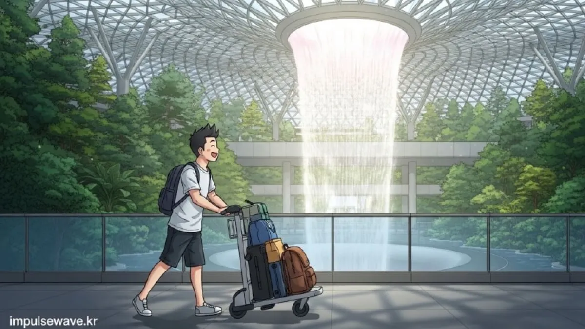 모든 절차를 마친 뒤 안도하며 웃는 얼굴로 무거운 캐리어를 밀고 화려한 쥬얼 창이 폭포를 향해 걸어 나가는 관광객