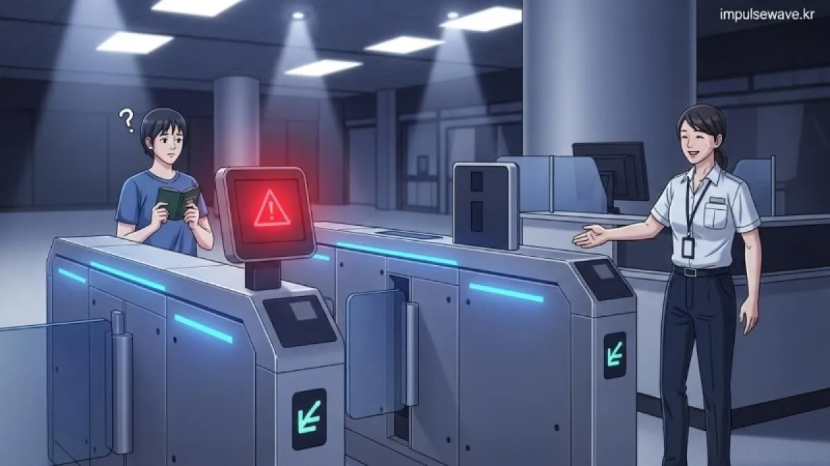 첨단 장비로 둘러싸인 싱가포르 공항 자동 출입국 게이트 기계에 빨간 경고등이 들어와 있는 긴장된 현장 묘사