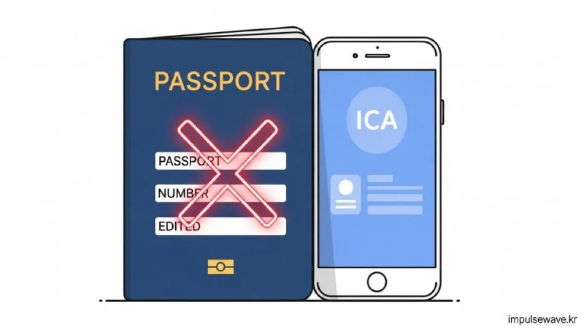커다란 전자 여권과 스마트폰 앱 화면이 나란히 놓여있고 수정 불가능함을 알리는 엑스(X) 표시가 그려진 그림