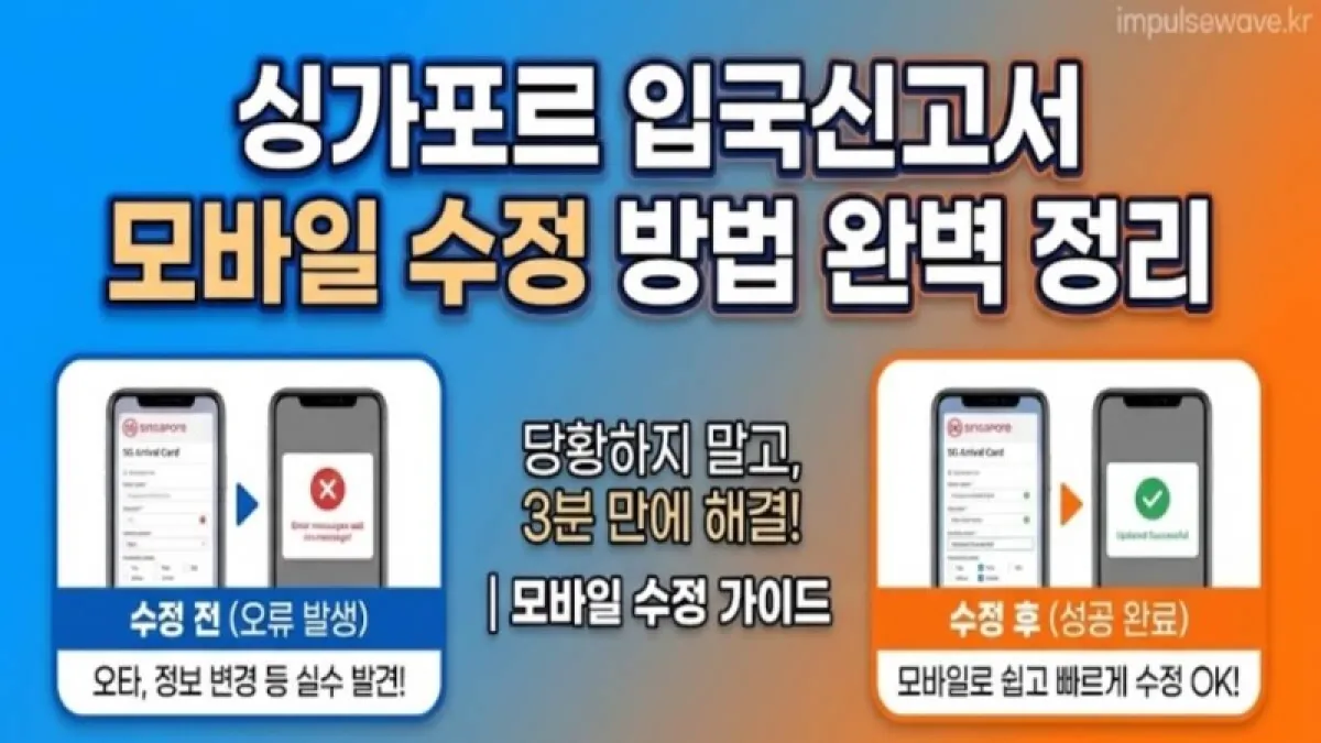 싱가포르 창이공항 입국 심사대 앞에서 당황한 표정으로 스마트폰 화면의 오류 메시지를 보고 있는 여행객 일러스트