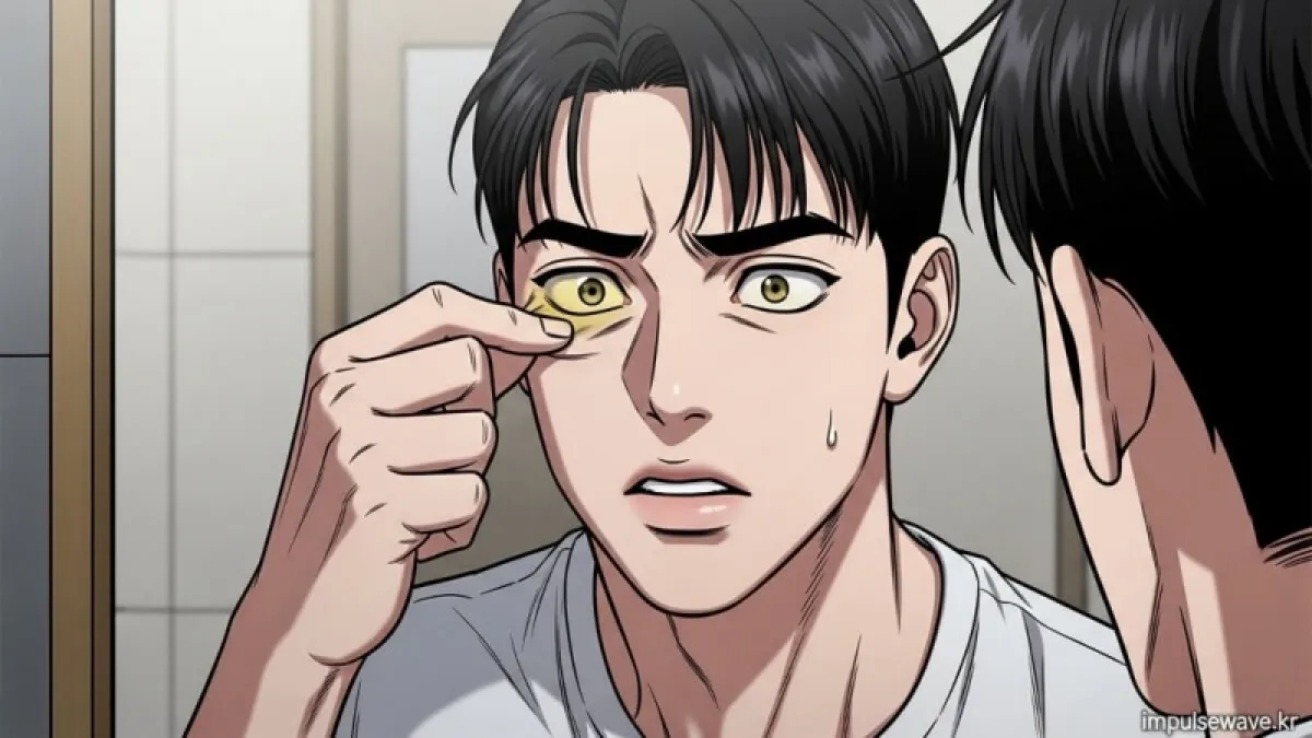 거울을 보며 노랗게 변한 눈의 황달을 확인하며 놀라는 표정의 남성