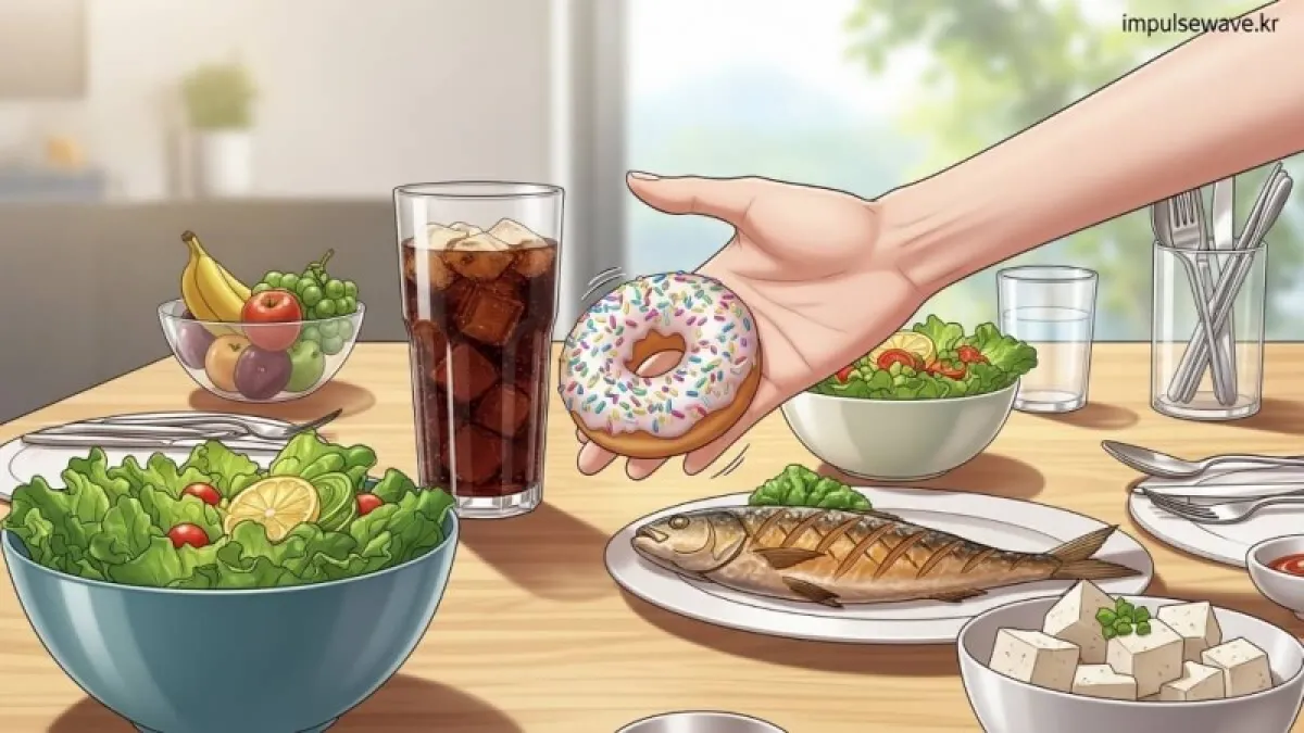 탄산음료와 빵을 거부하고 신선한 초록색 채소와 두부, 생선 식단으로 건강을 챙기는 모습