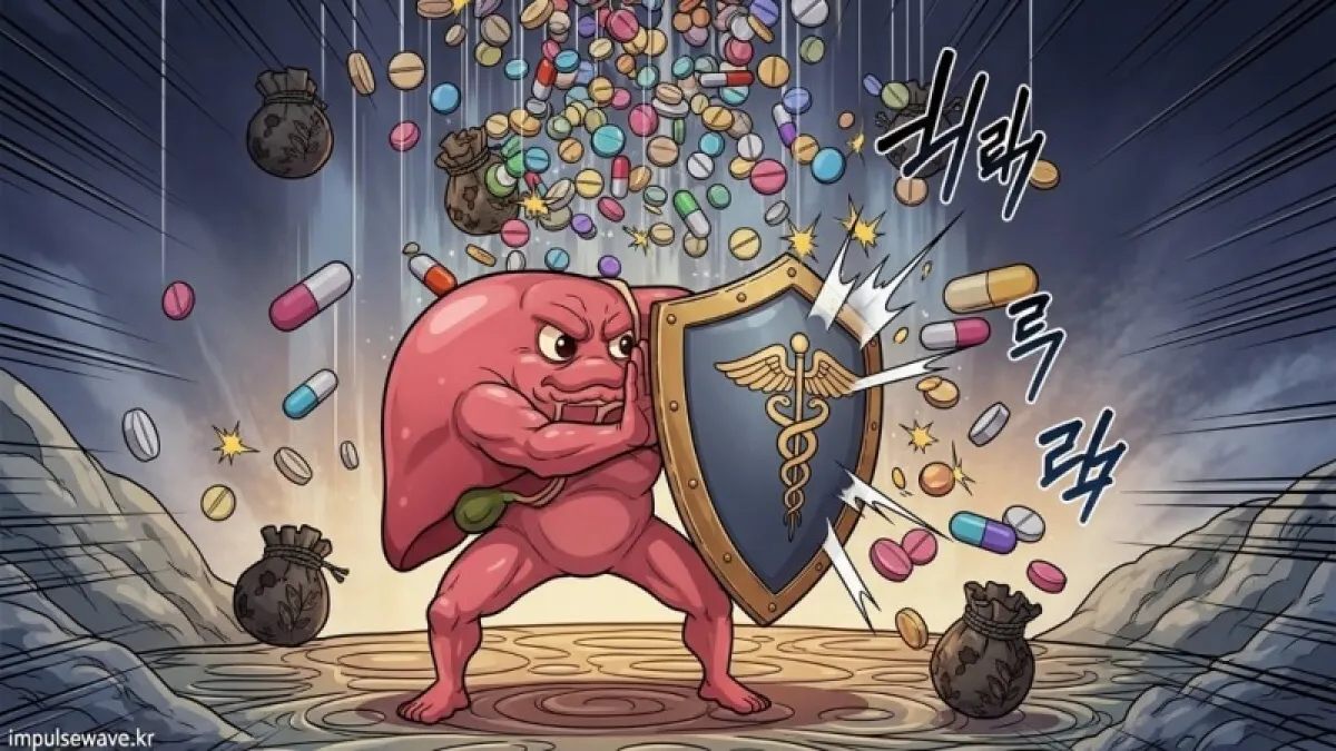 수많은 종류의 영양제 알약들이 쏟아져 내리는 캡슐병과 이를 힘들게 막아내는 방패 모형 그림