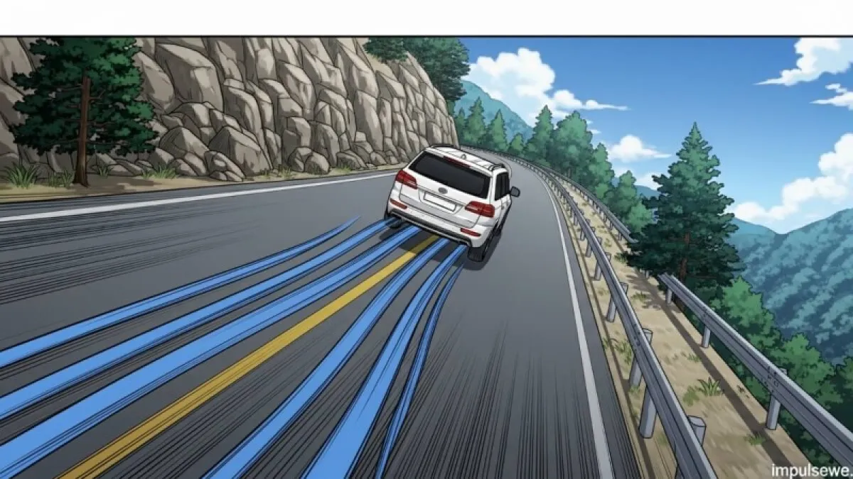 험준한 산악 도로의 내리막길을 내려가는 차량의 전경