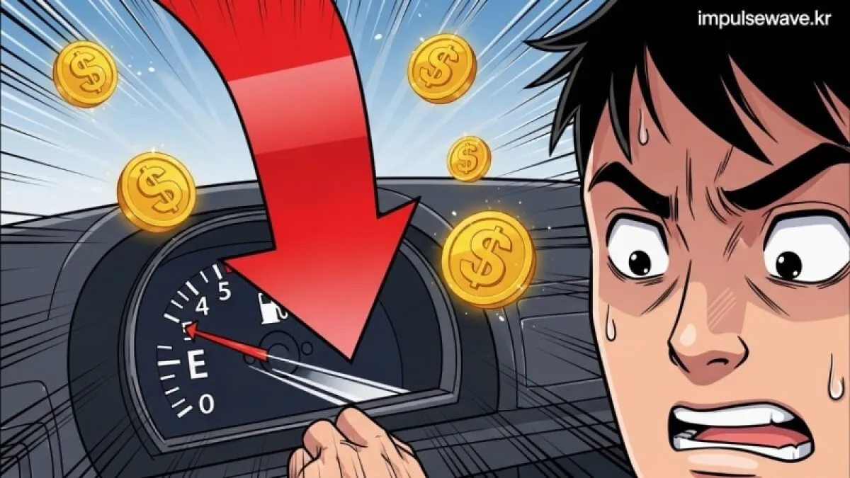 주유소에서 주유 중인 차량과 연비 하락을 뜻하는 화살표