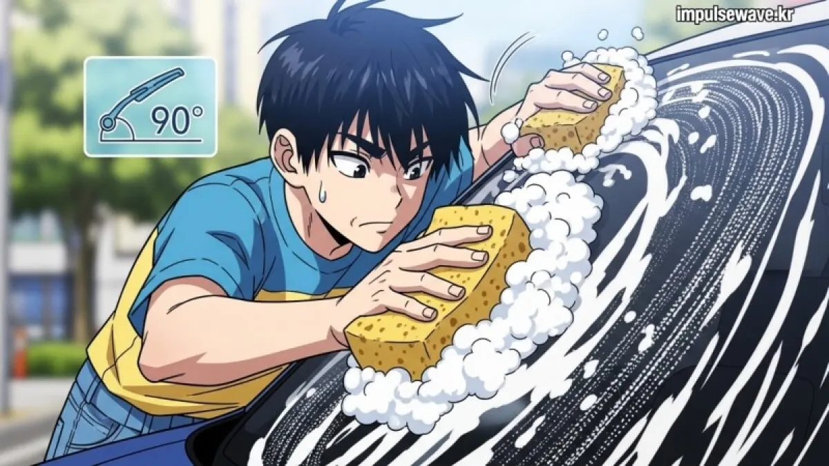 전용 제거제로 앞유리 유막을 닦아내는 모습과 와이퍼 암 각도를 조절하는 과정