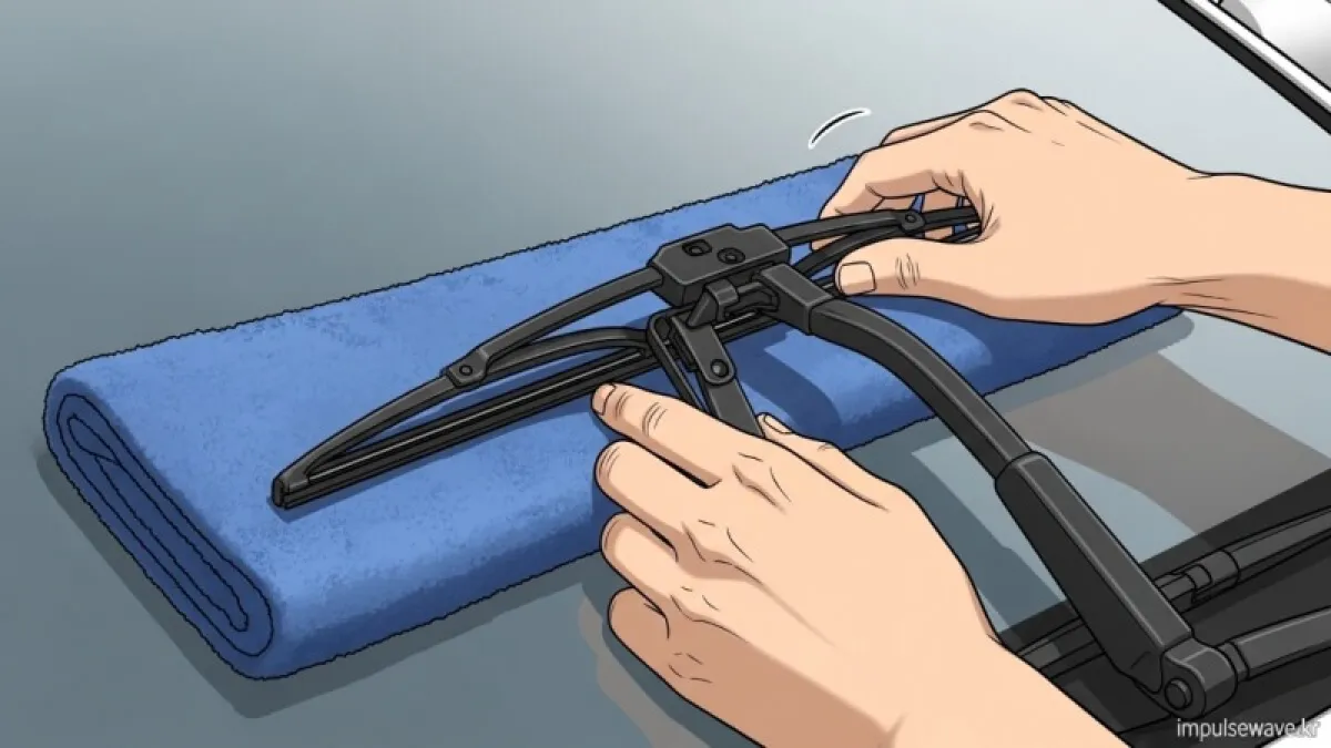 와이퍼 암 아래에 두꺼운 수건을 깔고 새 와이퍼를 조립하는 손 모습