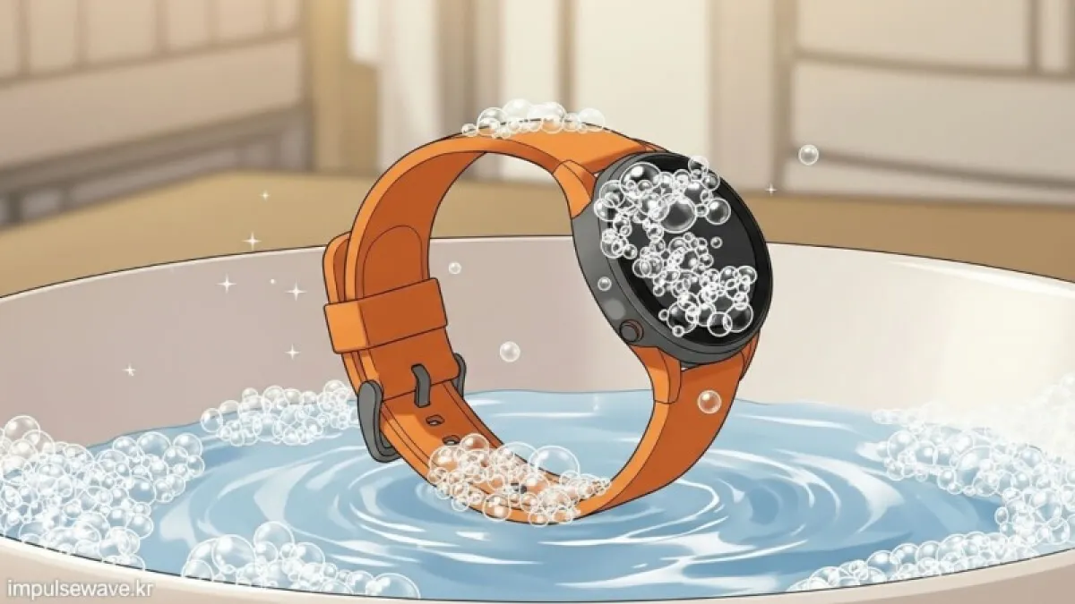 거품이 담긴 그릇 옆에 실리콘 스트랩이 놓여 있고 부드러운 브러시로 닦는 모습