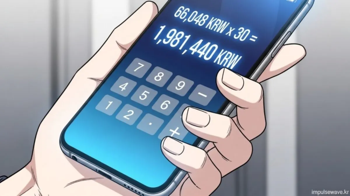 스마트폰 계산기에 1일 하한액 66,048원을 입력하고 한 달 총액을 확인하는 손 모습