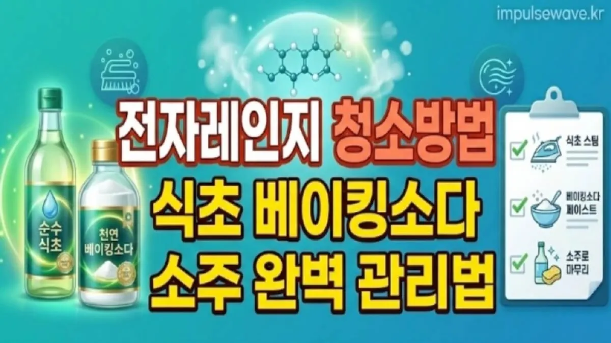주방에서 앞치마를 입은 사람이 지저분한 전자레인지 문을 열고 한숨을 쉬는 모습