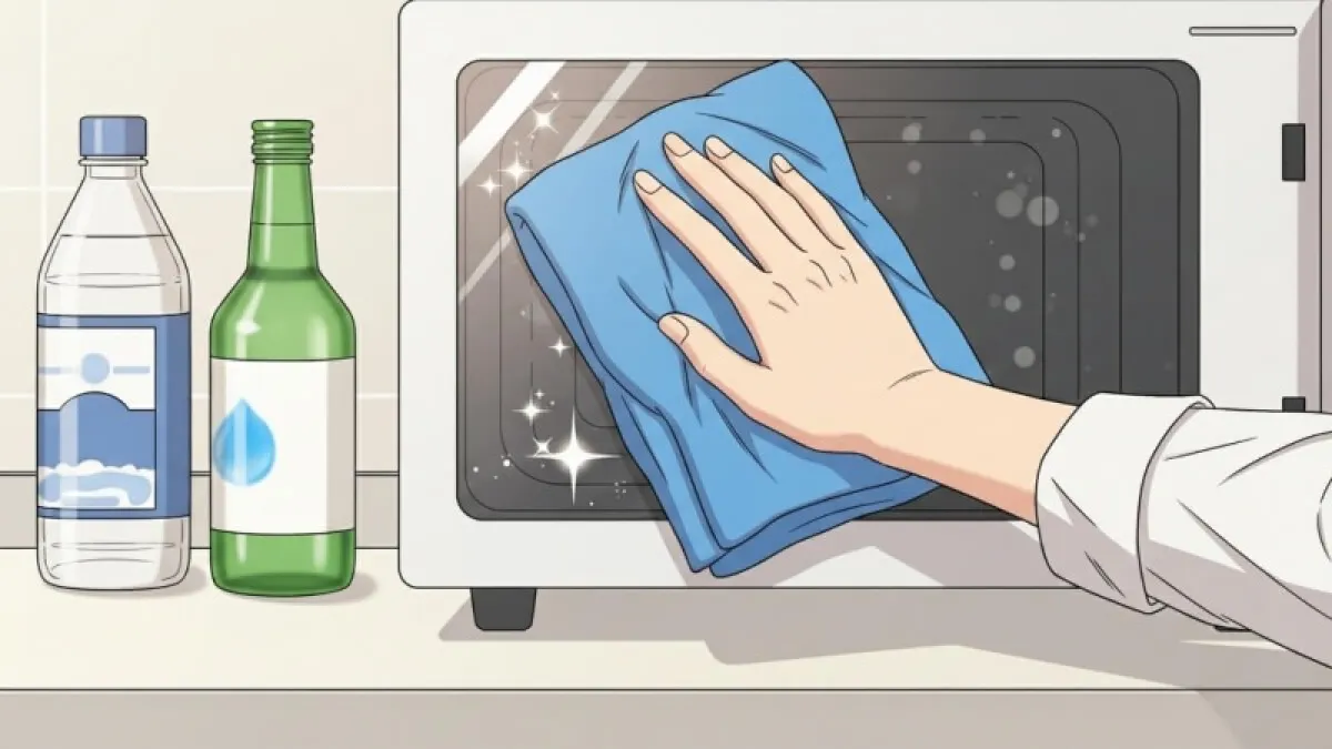 분무기 옆에 식초병과 소주병이 놓여 있고, 깨끗한 행주로 내부를 닦아 반짝거리는 모습