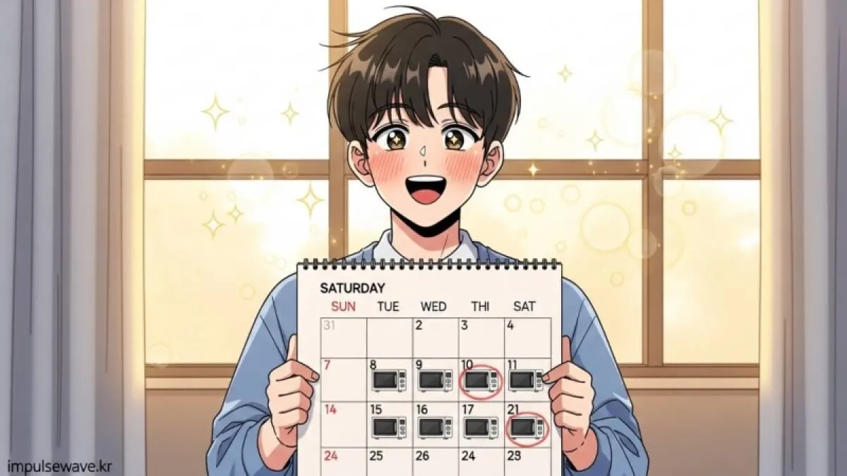 달력 위에 전자레인지 아이콘이 매주 토요일마다 체크되어 있는 깔끔한 주방 일상 묘사