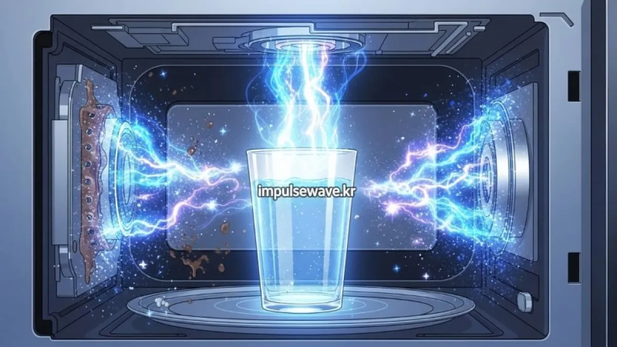 전자레인지 안에서 컵에 든 물이 끓으며 수증기가 벽면에 맺히는 과정을 보여주는 투명 일러스트