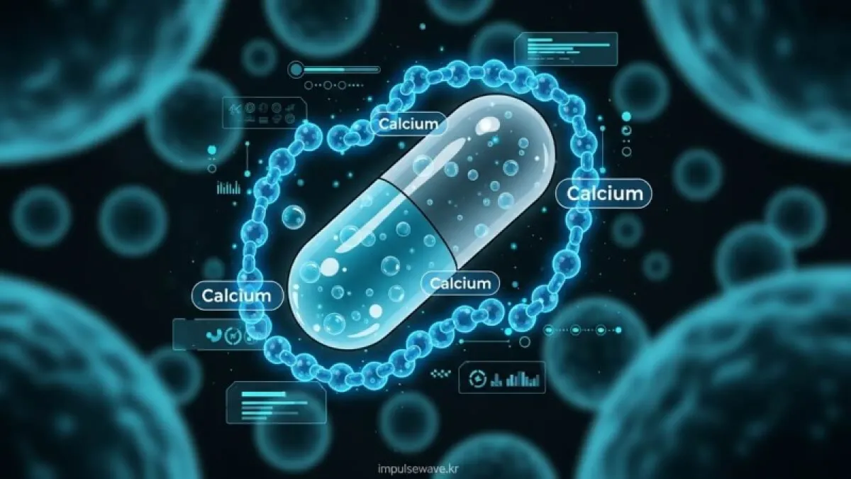 현미경으로 본 것처럼 묘사된 칼륨 분자들이 약물 입자를 쇠사슬처럼 묶고 있는 그림