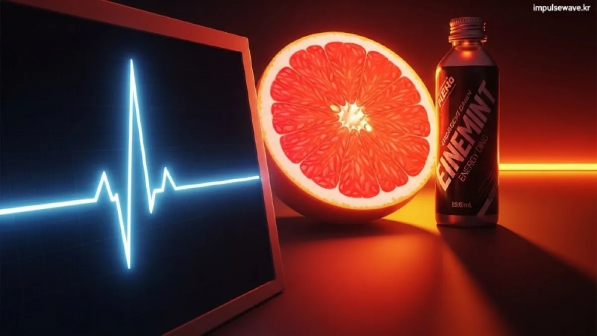 자몽과 이온음료가 배경에 있고 혈압계 수치가 비정상적으로 흔들리는 시각 자료